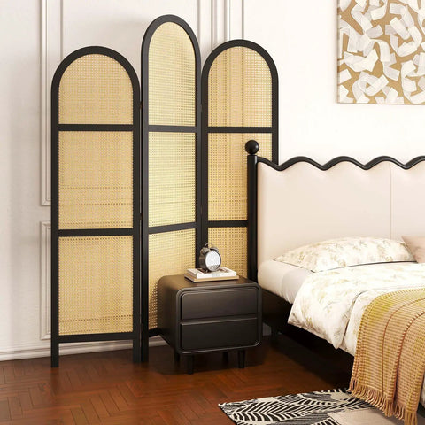 Three Panel Hand Woven Rattan Room Divider With Built Tough Pine Wood Frame No Assembly Needed next to bed