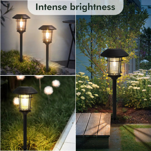 Collage of 5 Pack Solar Outdoor Pathway Lights With Glass Lantern-Style Heads, illuminating garden at night with intense brightness.