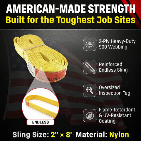Industrial Nylon Endless Lifting Sling 2 Inch By 8 Feet Usa Made Rigging Gear Built Tough For Heavy Duty Hauling And Daily Workshop Projects Done Right This Way, yellow, 2-ply nylon webbing