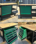Heavy Duty Mobile Tool Cabinet With Wood Top Workbench And Seven Smooth Gliding Drawers Lockable Storage Drawer Brake Caster Black Metal Frame With Double Shelves For Garage Workshop Or Outdoor Use