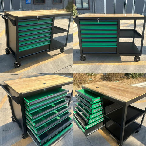 Heavy Duty Mobile Tool Cabinet With Wood Top Workbench And Seven Smooth Gliding Drawers Lockable Storage Drawer Brake Caster Black Metal Frame With Double Shelves For Garage Workshop Or Outdoor Use
