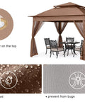Pop Up Patio Gazebo With Mesh Walls 11x11 Brown, Easy Setup For 1 To 2 People, showing water-resistance and protection features