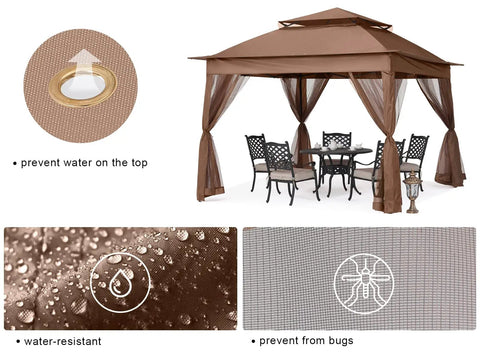 Pop Up Patio Gazebo With Mesh Walls 11x11 Brown, Easy Setup For 1 To 2 People, showing water-resistance and protection features
