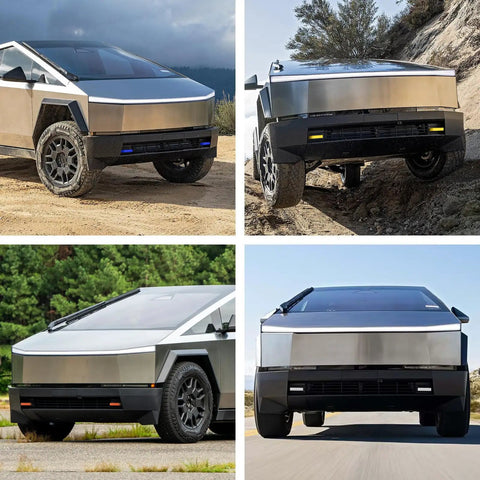 Tesla Cybertruck with red tow hook cover for 2024-2026 models in outdoor settings, showcasing front design and durability.