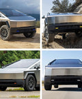 Custom Dope Tow Hook Covers For Tesla Cybertruck Front Hitch Cover Orange 2024 2025 2026 Fit Easy Install Front Bumper Protection Cybertruck Accessories Durable Weatherproof Finish as seen on Cybertruck front view in four different angles on various terrains.