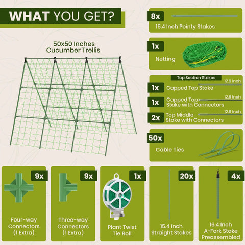 A Frame Garden Trellis For Raised Beds Ideal For Cucumbers Peas Zucchini Squash Tomatoes And More Built To Last With Rust Resistant Steel Easy Assembly shown with included parts like stakes, connectors, and plant ties, over green background.