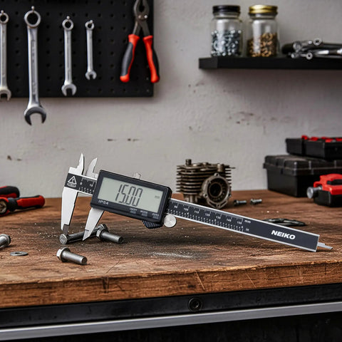6 Inch Electronic Digital Caliper with Stainless Steel Build and Extra Large LCD Screen on workshop table with tools
