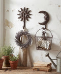 Solid As A Rock Vintage Cast Iron Sun Moon Wall Hooks Heavy Duty Decorative Hanging Hangers For Coats Scarves Bags Towels Keys Real Deal Storage Upgrade With Hardware Included For Everyday Use with wreath and basket.