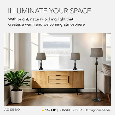 Three Piece Lamp Set With Bronze Finished Bases And Dark Herringbone Shades Includes Two Table Lamps And One Floor Lamp Perfect For Living Room Bedroom Or Office Create A Cohesive Modern Lighting Vibe displayed on console table.