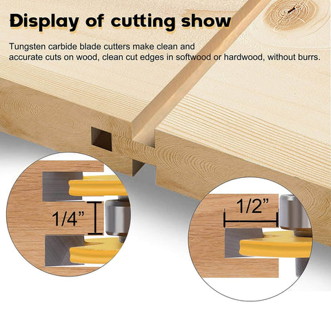 Display of Tongue And Groove Router Bit Set For One Quarter Inch Shank, Two Pack, Built For Three Quarter Inch Stock, One Half Inch Cutting Depth.