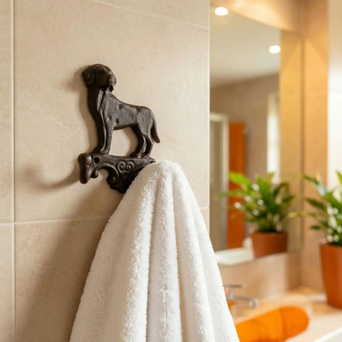 Built Solid Cast Iron Wall Mount Pet Hooks Set Of Two Double Hook Design Rustic Brown Finish Includes All Necessary Screws For Quick Hang Any Spot In The House Or Shed, featuring dog-shaped hook with towel.
