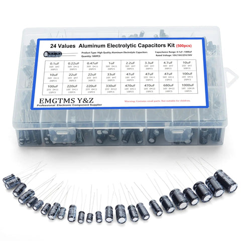Dope Electrolytic Capacitor Kit With 24 Values And 500 Pieces From 0.1uF To 1000uF 10V 16V 25V 50V Aluminum Capacitors In Clear Storage Box