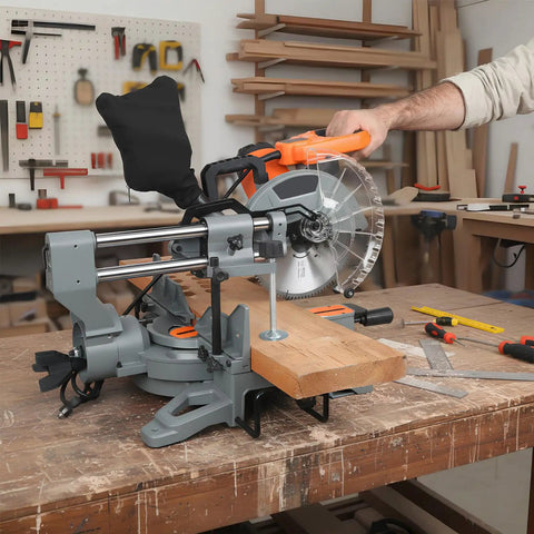 Professional Grade 10 Inch Sliding Compound Miter Saw Fueled By A Boss 15 Amp Motor cutting a wooden plank on a workbench.