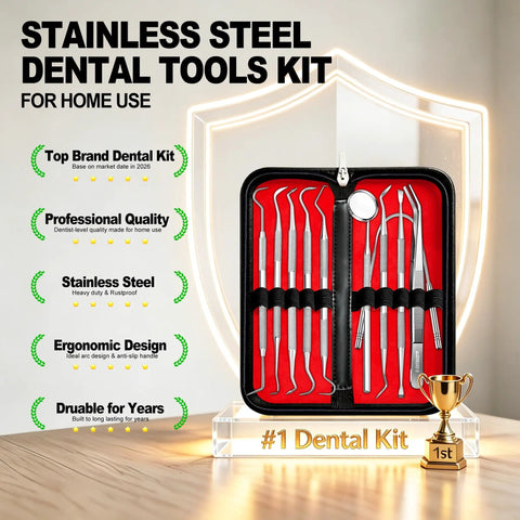 10 In 1 At Home Dental Tools Set For Pro Grade Deep Plaque And Tartar Removal With Mirror, Tweezers, Stainless Steel Kit