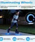 Child skating outdoors at night wearing Adjustable Kids Inline Skates With Four Size Settings And Bright Light Up Wheels