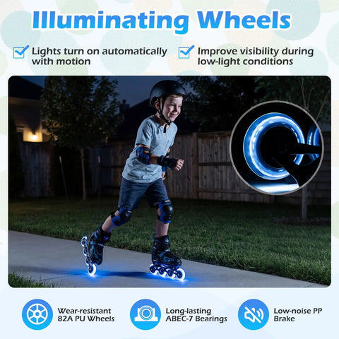 Child skating outdoors at night wearing Adjustable Kids Inline Skates With Four Size Settings And Bright Light Up Wheels