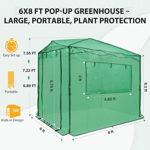 8x6 Portable Walk In Greenhouse Pop Up Indoor Outdoor Garden Shelter Kit With Zippered Doors And Windows PE Cover Clear Green