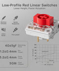 Dope Low Profile Mechanical Keyboard With Smart Display Screen And Rotary Knob Control Wireless Keypad Featuring Custom RGB Backlighting Mac And PC Compatible Tight Compact Design For Epic Desk Builds showcasing low-profile red linear switches with stats.