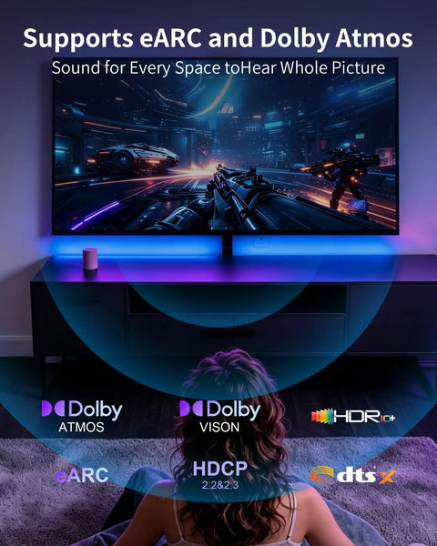 Pro Grade 23 Foot Active Fiber Optic Hdmi 2.1 Cable Delivers 48Gbps Speed For Crisp 8K At 60Hz And 4K At 120Hz Streams Plus Dynamic HDR Earc Support For Ps5 Xbox Pc And Home Theater Setup With A Heavy Duty Braided Jacket, displayed with Dolby Atmos and HDR visuals.
