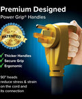 Close-up of Power Grip 30-Foot 50-Amp Camper RV Extension Cord with premium ergonomic handle in use.