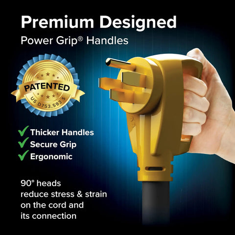 Close-up of Power Grip 30-Foot 50-Amp Camper RV Extension Cord with premium ergonomic handle in use.