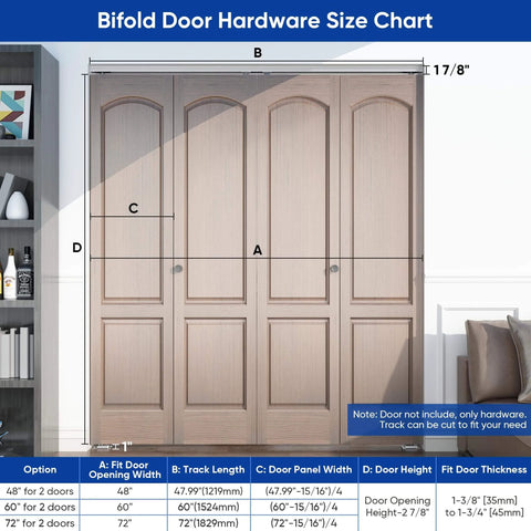 Size chart for 48 Inch Bifold Door Hardware Kit For Four 12 Inch Panels, Top Mounted Folding Barn Door Track System