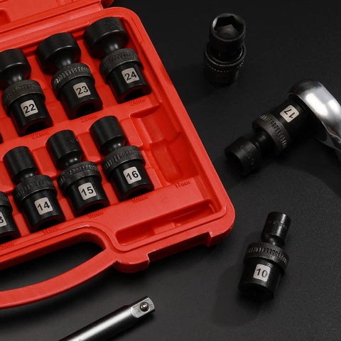 Fifteen Piece One Half Inch Drive Universal Impact Socket Set Metric Ten To Twenty Four Millimeter With Swivel Head For Tight Spots Beefy Heavy Duty Chrome Molybdenum Steel Black Phosphate Finish