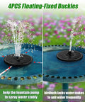 Solar Water Fountain With One Hundred Percent Glass Panel And Three Point Five Watt Pump Built In Two Thousand mAh Battery Seven Nozzles Four Fixers Colorful Spray For Bird Baths Fish Tanks And Outdoor Use with floating fixed buckles on bird bath.