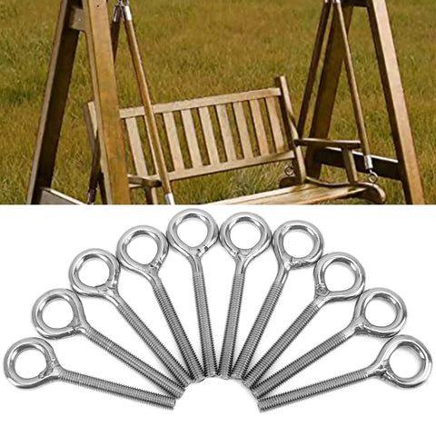 10 Pack M5 Eye Bolt and Eye Hook Kit in Stainless Steel for Hanging and Lifting, Boss Grade Heavy Duty Screw Eyelets for Wood and Metal Projects, Durable Ring Hooks for Solid Load Support, eye bolts displayed with bench swing