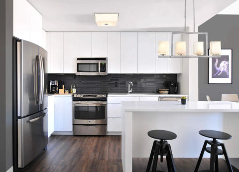 Modern kitchen with Karsen Traditional 4 Light Indoor Pendant Dimmable Frosted Glass For Entryways Dining Rooms Foyers In Polished Chrome.