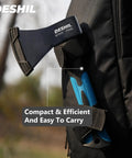 Rugged Workhorse 10 Inch Outdoor Hatchet For Camping Use attached to a backpack, showing blue fiberglass handle and carbon steel blade.