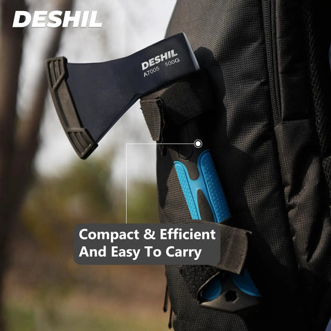Rugged Workhorse 10 Inch Outdoor Hatchet For Camping Use attached to a backpack, showing blue fiberglass handle and carbon steel blade.