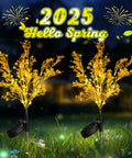 2-Pack Golden Solar Flower Lights Outdoor Waterproof With 7 Stems, night illumination in garden with 'Hello Spring' text