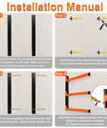 Installation manual for Three Level Lumber Storage Wall Mount Rack, showing step-by-step assembly instructions.