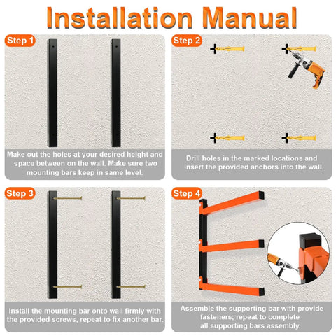Installation manual for Three Level Lumber Storage Wall Mount Rack, showing step-by-step assembly instructions.