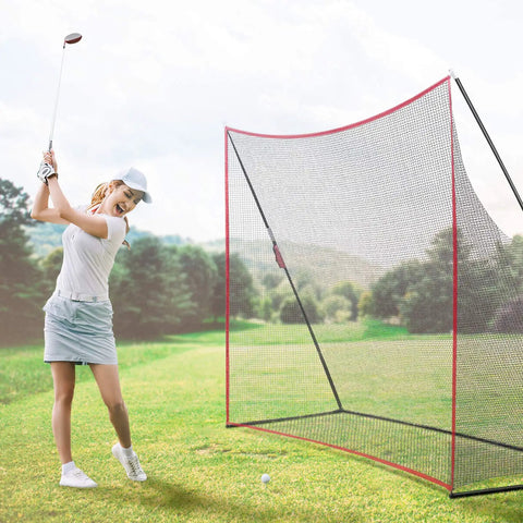 Golfer practicing with Portable 10x7ft Golf Practice Net With Carry Bag for Indoor Outdoor Backyard Driving Hitting Chipping