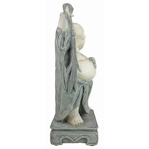 Side view of Jolly Hotei Laughing Buddha Garden Statue For Indoor Outdoor Decor 26 Inches Cast Stone Resin Two Tone Stone Finish