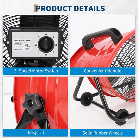 Heavy Duty 24 Inch Industrial Floor Fan With High Velocity Airflow, 3 Speed Switch, Durable Metal Blades, Red Handle