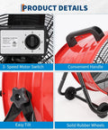 Close-up of 24 Inch High Velocity Drum Fan controls, handle, tilt feature, rubber wheels for industrial spaces, heavy duty with 3 speeds.