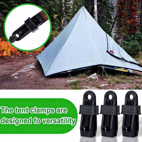Heavy Duty Lock Grip Tarp Clips 30 Pcs Multipurpose Fix Clamp For Awnings Camping Tents shown with a pitched tent outdoors