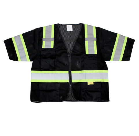 Real Deal Class Three High Visibility Safety Vest With Bold Reflective Tape Super Breathable Mesh Material Built Tough Storage Pockets Ansi Certified Job Site Essential For The Whole Foreman Crew Pack Black 5Xl, front view, black with yellow reflective stripes.