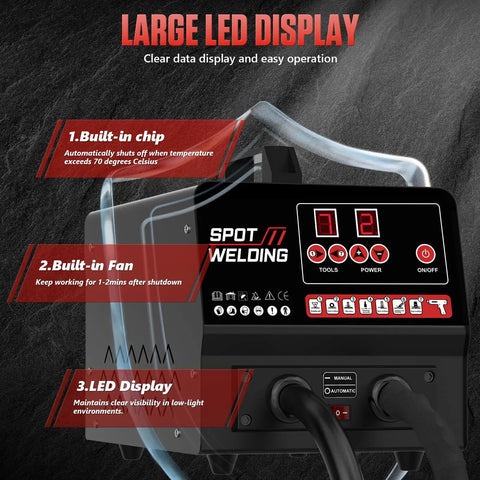 High Power Stud Welder Dent Repair Kit with large LED display showing dual mode operation and built-in safety features