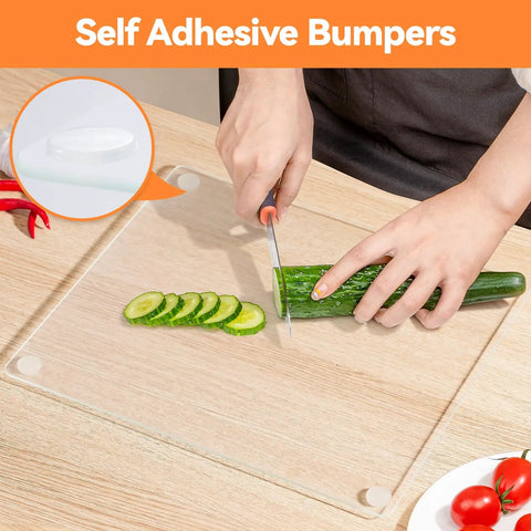 Self Adhesive Glass Table Top Anti Slip Pads 18 Pack Round Bumpers on cutting board with cucumber slices, clear view