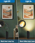 Two Pack Indoor Up Lights 6W 3000K Warm White Floor Can Lights with GU10 bulb, black finish, plug cord, side-by-side comparison light on and off
