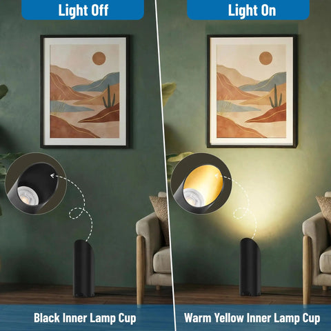 Two Pack Indoor Up Lights 6W 3000K Warm White Floor Can Lights with GU10 bulb, black finish, plug cord, side-by-side comparison light on and off
