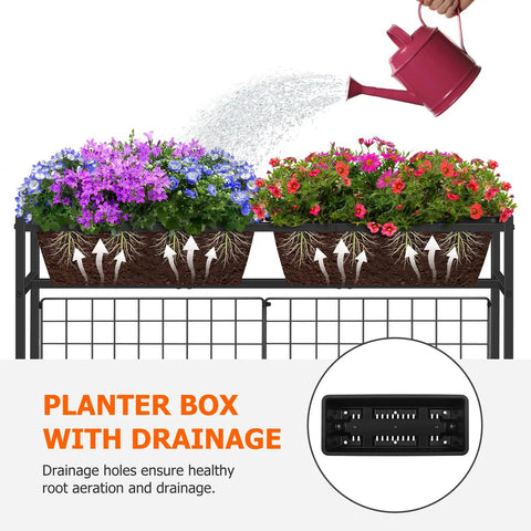 32 Inch Tall Elevated Raised Garden Bed With Trellis And Sturdy Legs For Vertical Outdoor Gardening Of Vegetables Herbs And Flowers In Four Separate Planter Boxes For Balcony Patio Or Backyard Black with drainage illustration