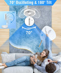 Foldable Portable Oscillating Fan With 8000mAh USB C Battery Quiet Remote Desk Fan 8.6 Inch oscillating next to couple on couch