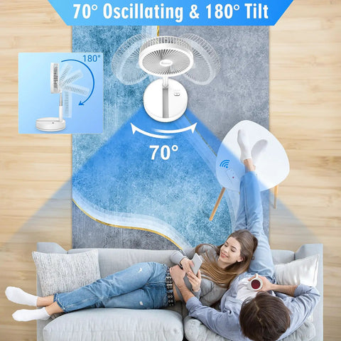 Foldable Portable Oscillating Fan With 8000mAh USB C Battery Quiet Remote Desk Fan 8.6 Inch oscillating next to couple on couch
