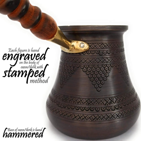Side view of XXL Copper Cezve Coffee Pot With Wooden Handle, Hand Engraved And Hammered Solid Copper Ibrik Briki, 28 Fl Oz