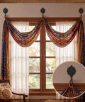 Six Pack Rock Solid Cast Iron Wall Hooks With Rustic Indian Leaf Design Heavy Duty Matte Black Finish Hangs Your Duds Securely For Farmhouse Vibe Or Everyday Storage Includes Hardware holding colorful draped curtains above a window.